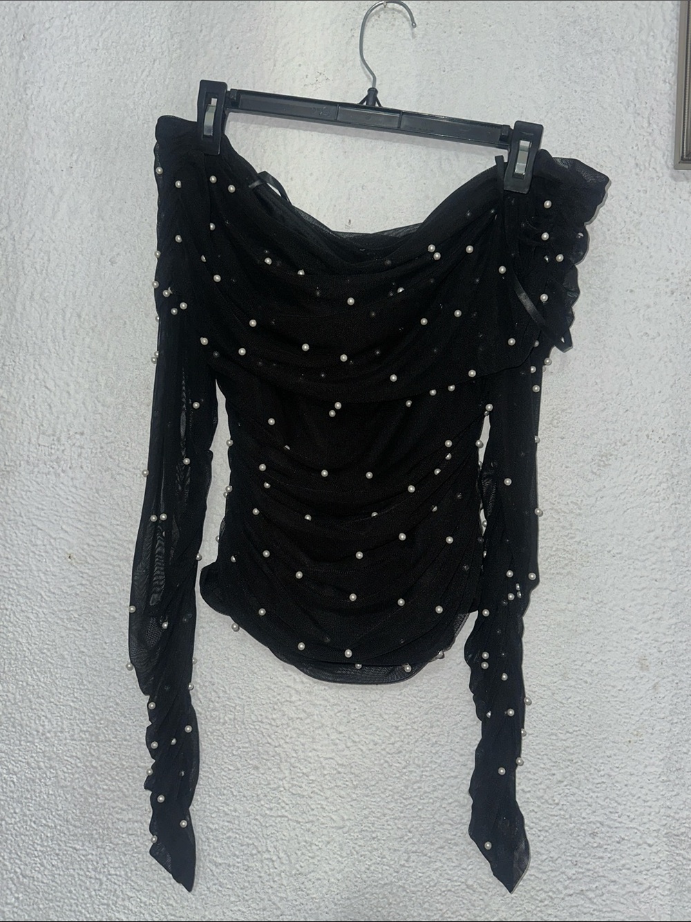 Pearl-Studded Black Off-Shoulder Women's Blouse